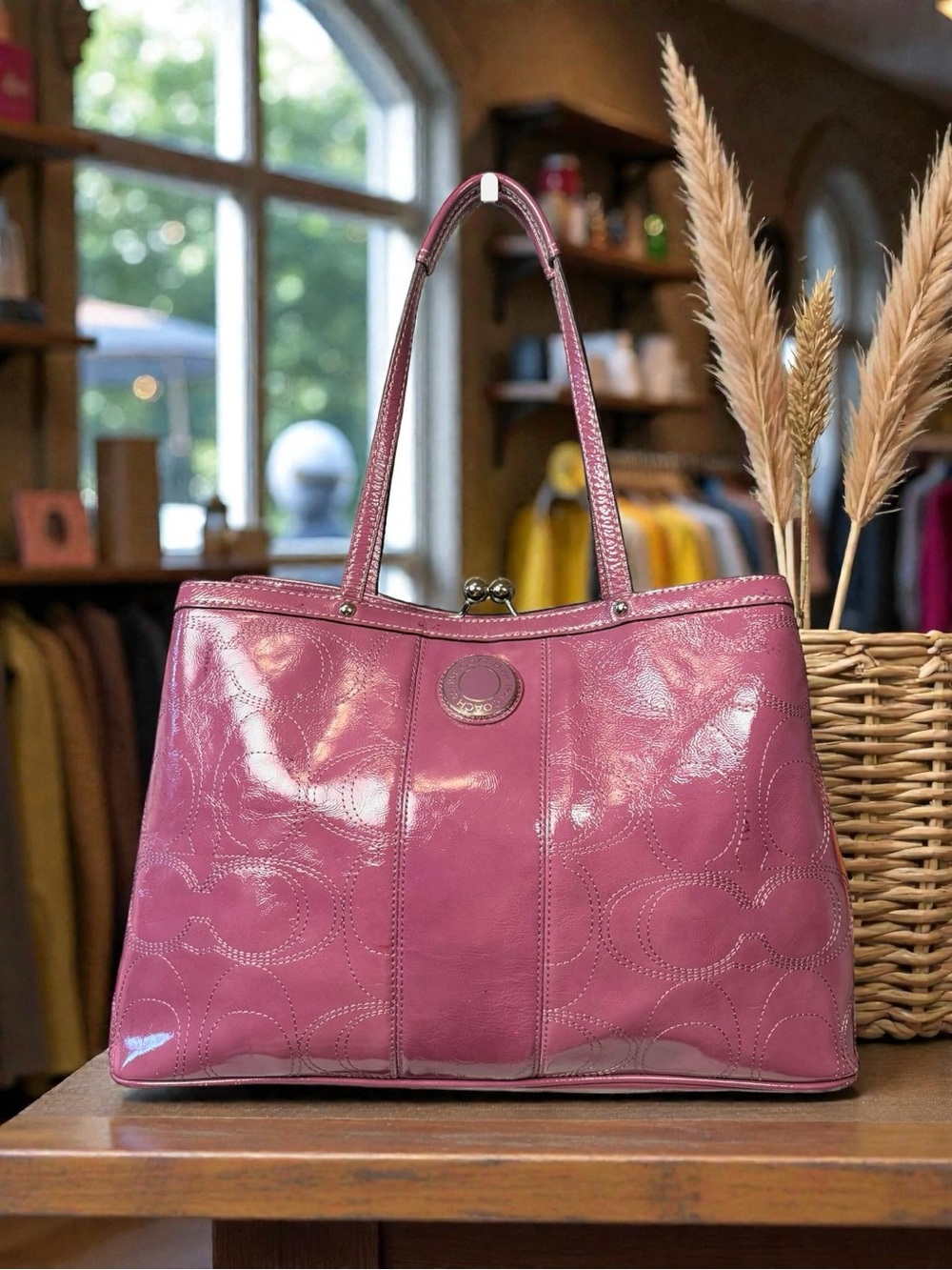 🩷 Coach Pink Patent Leather Kisslock Tote Satchel Shoulder Bag Large 💋🔒